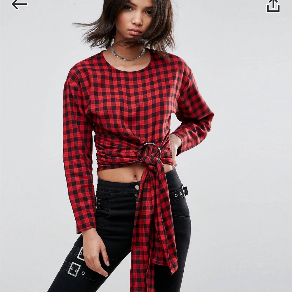 Check Long Sleeve Top W Hardware & Tie Detail